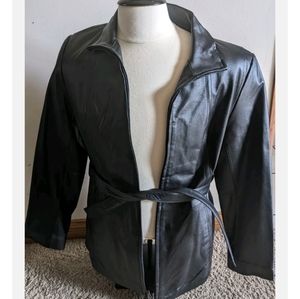 Worthington Medium Beautiful Black Leather Jacket  NWT Full Zip With Sash Tie